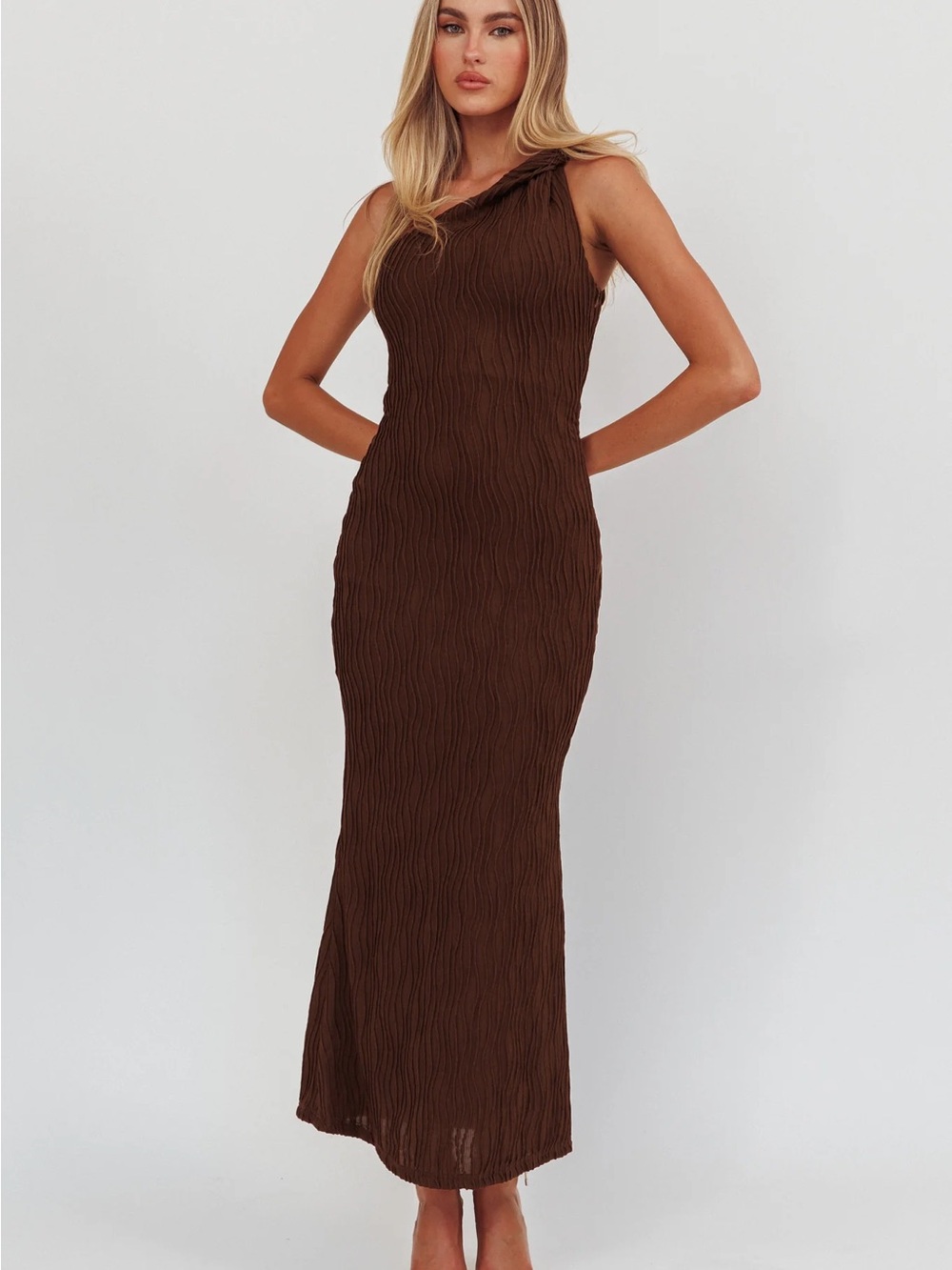 Chocolate brown one-shoulder twist maxi dress